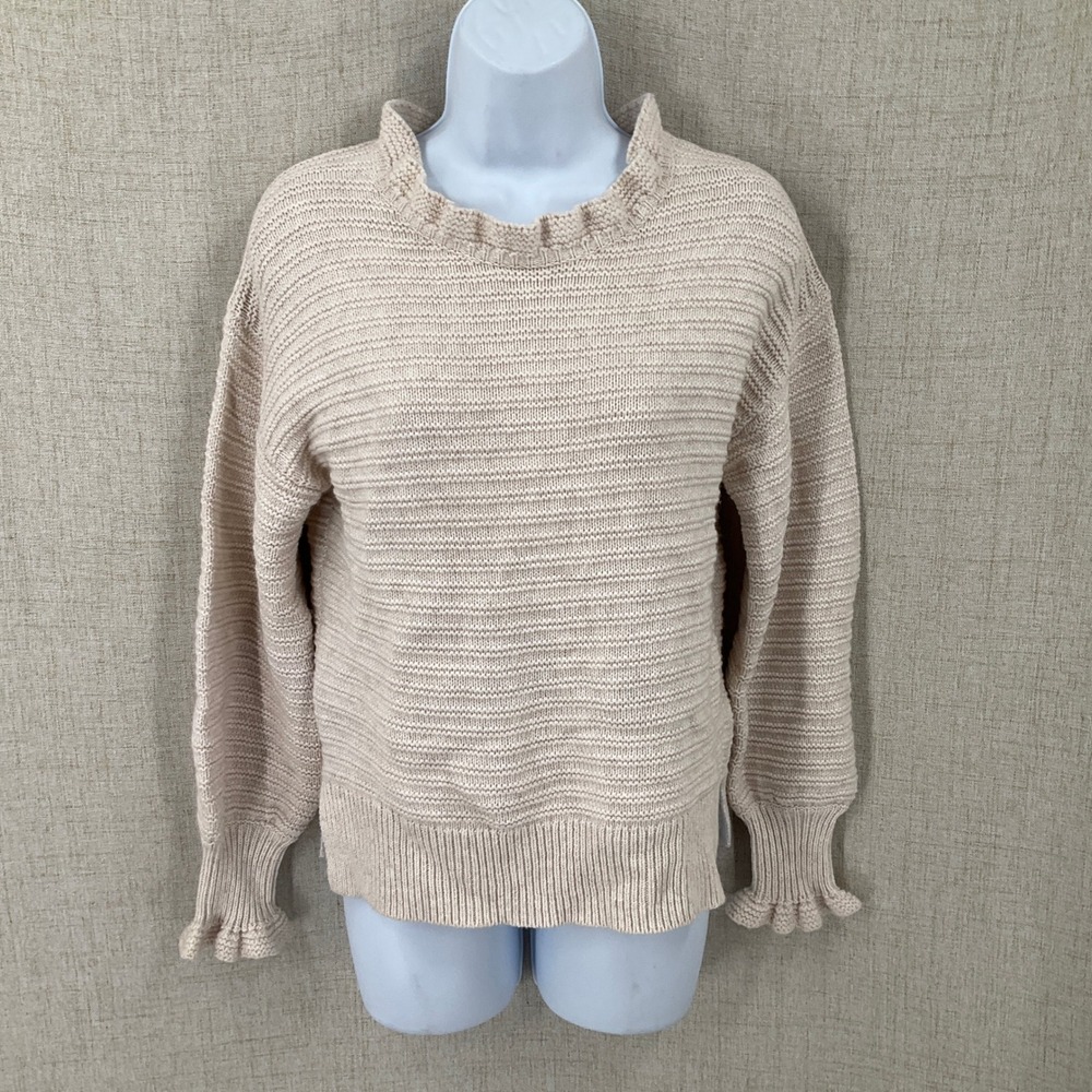 Madewell Sweater Women Small Beige Wool Ruffle Mock Neck Puff Sleeve Minimalist